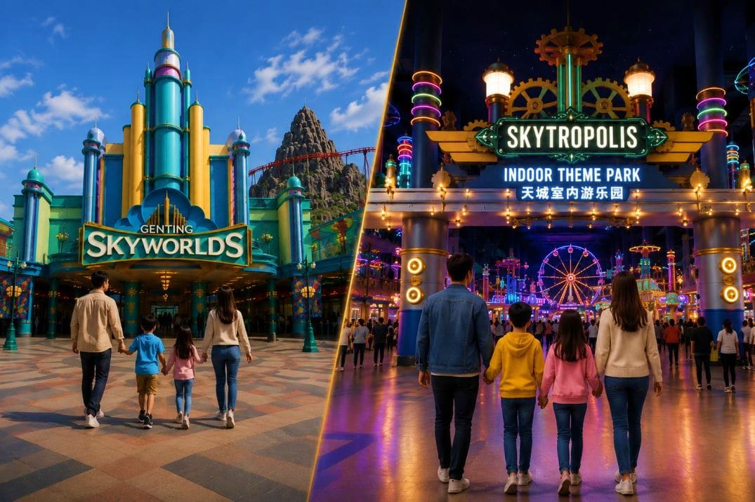 Families enjoying Genting Skyworlds outdoor entrance and Skytropolis indoor theme park attractions with illuminated rides and